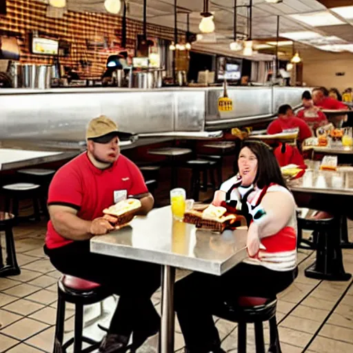 Image similar to busy wafflehouse interior with customers eating breakfast and wafflehouse employees serving food and cooking behind countertop bar