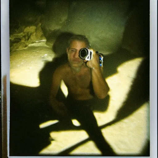 Prompt: a dive bard inside of a cave, old polaroid, expired film,