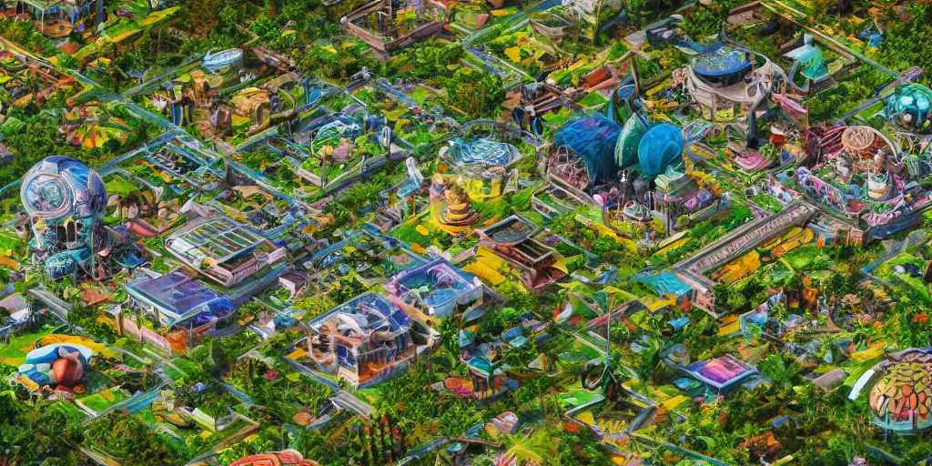 Prompt: isometric view of a smart village with psychedelic solarpunk architecture, big bee, cow, surrounded by lush nature - rays, ray - tracing, cinematic lighting, 8 k smooth, vibrant colors, ambient occlusion, hdr, complex, highly atmospheric lighting, highly detailed, alex grey, greg rutkowski, focus, cinematic, concept art, artstation, trending