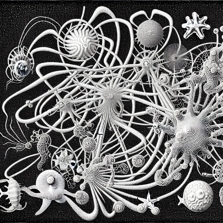 Image similar to a black and white drawing of a variety of sea life and filled with gundam mech equipment space station, a microscopic photo by ernst haeckel, zbrush central, kinetic pointillism, intricate patterns, photoillustration