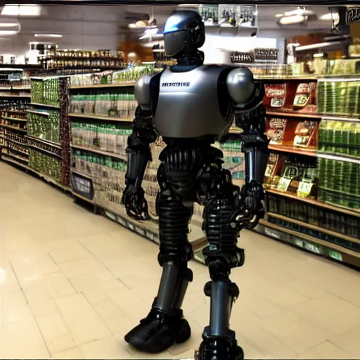 Prompt: robocop at whole foods photorealistic