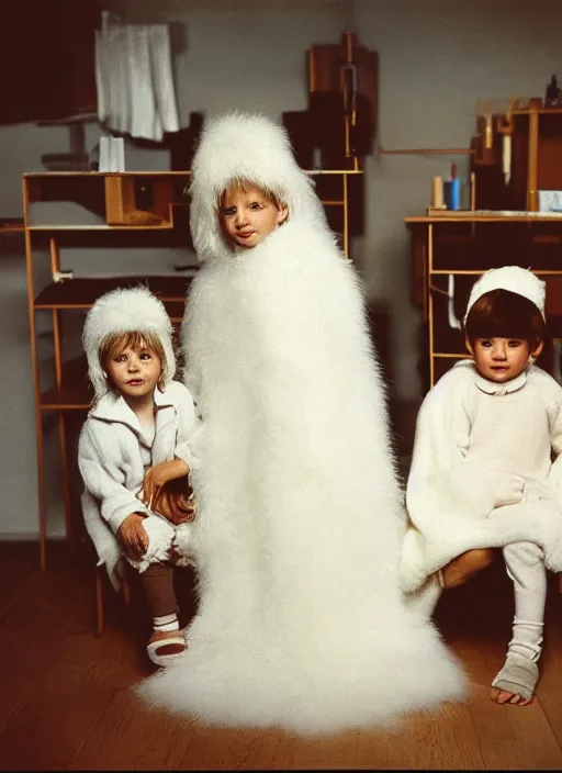 Image similar to realistic photo portrait of the family, white carnival fluffy mask, wearing fluffy cotton cloaks, sitting in the spacious wooden polished and fancy expensive wooden laboratory interior room 1 9 9 0, life magazine reportage photo