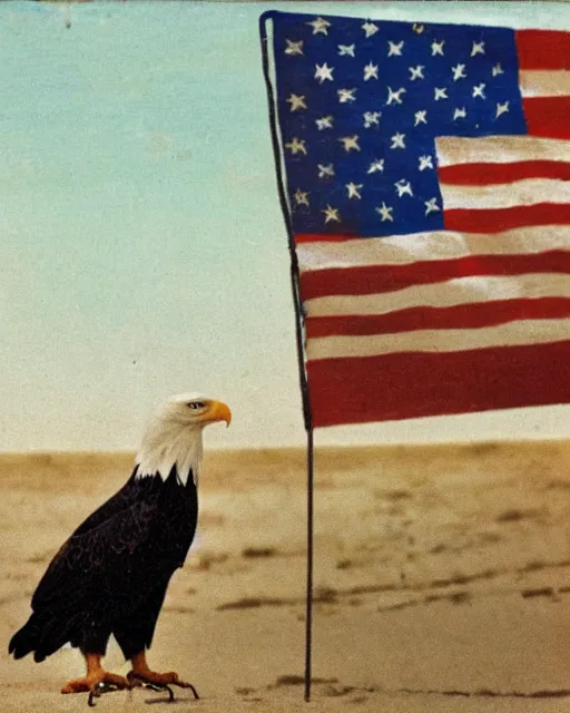 Image similar to postcard showing 'a cool bald eagle perched on a beach chair with shades and a beer bottle' laying in the sand, advertisement, american flag