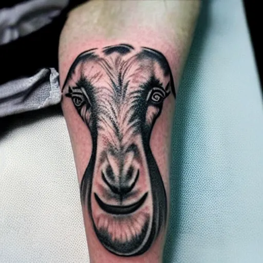 Image similar to a tattoo of a goat. The goat has a stick of dynamite in its mouth