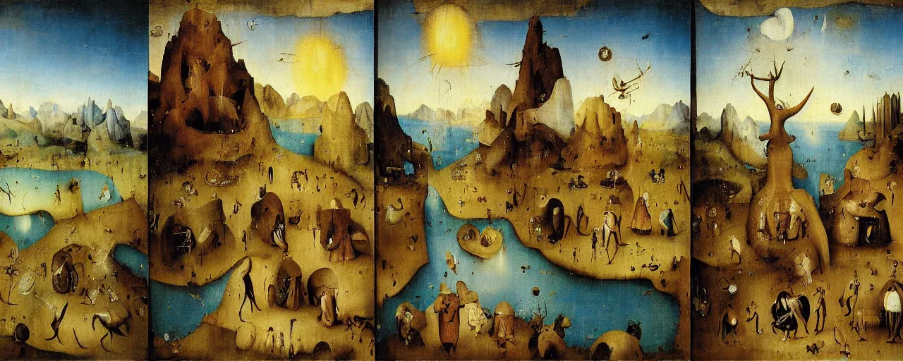 Prompt: Desert Oasis Triptych by Hieronymus Bosch, surreal oil painting, highly detailed, dream like, masterpiece