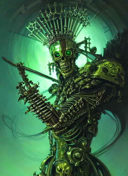 Image similar to closeup portrait shot of the king of the cyber skeletons with a crown of swords, glowing green, intricate, elegant, highly detailed, centered, digital painting, artstation, concept art, smooth, sharp focus, warframe, illustration, anders zorn, tomasz alen kopera, peter mohrbacher, donato giancola, leyendecker, boris vallejo