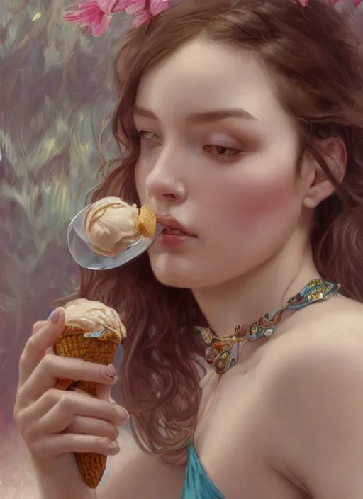 Image similar to a photorealistic detailed portrait of a beautiful girl eating ice cream, detailed, intricate, elegant, highly detailed, digital painting, artstation, concept art, smooth, sharp focus, illustration, art by hana yata, artem demura, alphonse mucha, octane render, unreal engine, 8 k