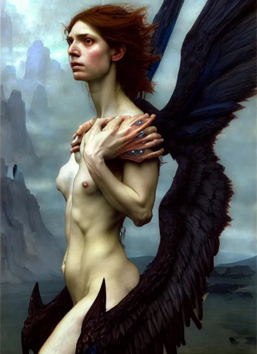 Image similar to harpy, full body, realistic, dnd character art portrait, dark fantasy art, matte fantasy painting, deviantart artstation, by edgar maxence and caravaggio and michael whelan and delacroix. intricate painting, cinematic lighting, hyper realistic, extremely detailed, vivid colors, establishing shot, dramatic lighting.