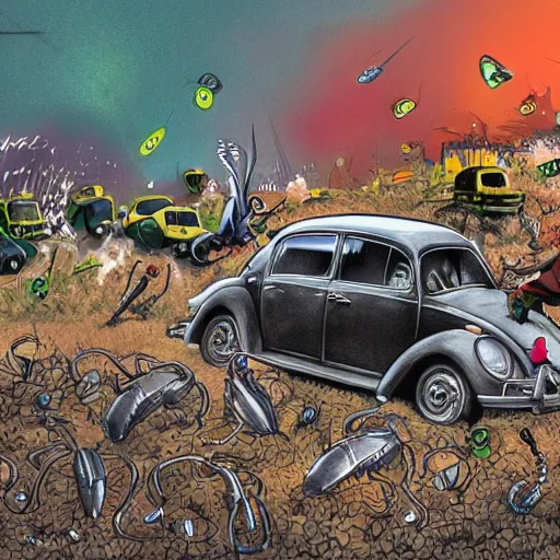 Image similar to highly detailed illustration of a beetle and the beatles battling on the battleground