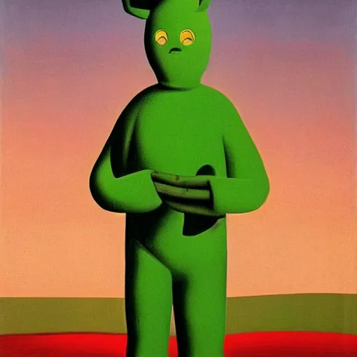 Prompt: a surrealist painting of the green teletubbie, rene magritte