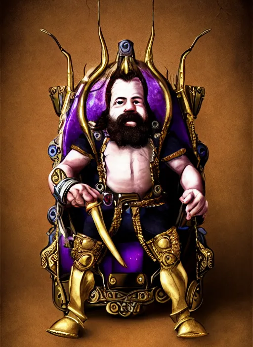 Image similar to dwarf fighter sitting in mechanical chair that has spider legs, gold and purple, exquisite details, black beard, white background, by studio muti