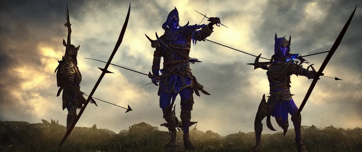 Prompt: a armored night elf hunter warrior casting arrows with bow lord dramatic lighting cinematic establishing shot extremely high detail foto realistic cinematic lighting post processed