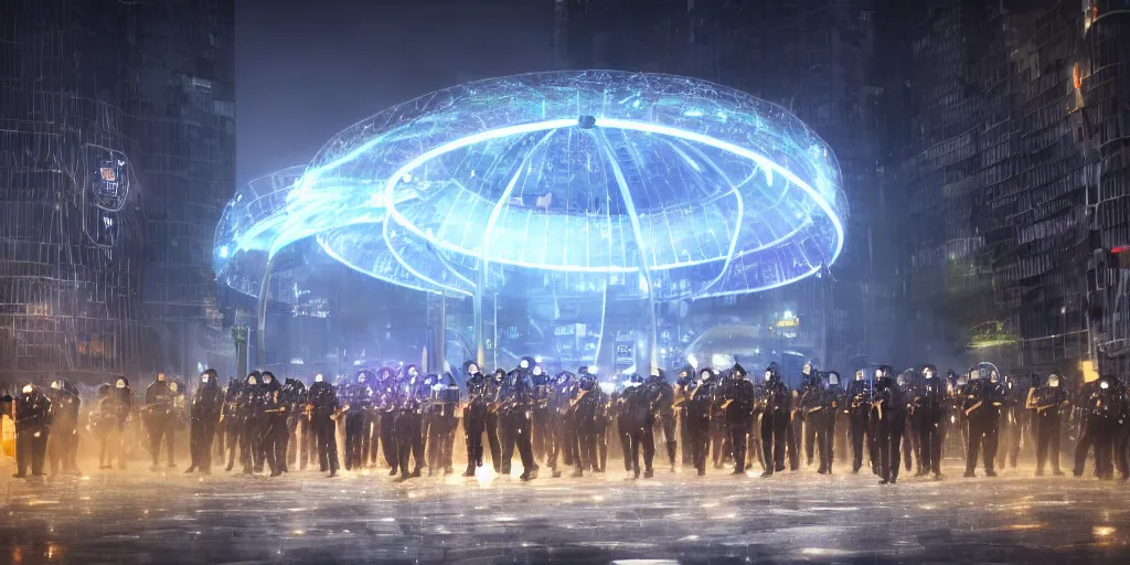 Image similar to policemen protecting a huge spiral - shaped bright white luminous attractor right in the center of the city from protesting people,, rain and light fog, professional lighting, concept art in 3 d, high detail, professional lighting, unreal engine