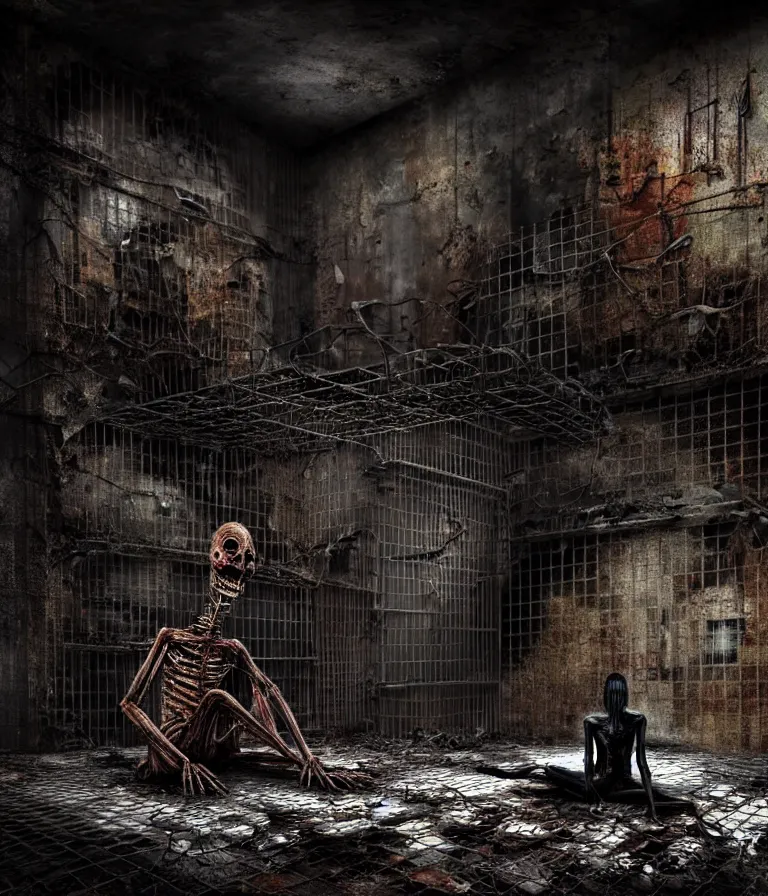 Image similar to Creepy huge suffering humanoid with long limbs sits on the floor and looks at the little old TV. An underground very dark gloomy multi-layered structure of rusty thick iron grates, dense chain-link fencing and peeling walls. Inside view, collapsed floors, bent rusted iron, masterpiece, black background, corners, cinematic, hyperdetailed, photorealistic, hyperrealism, octane render, 8k, depth of field, bokeh, architecture, shadows, art by Zdzisław Beksiński, Dariusz Zawadzki