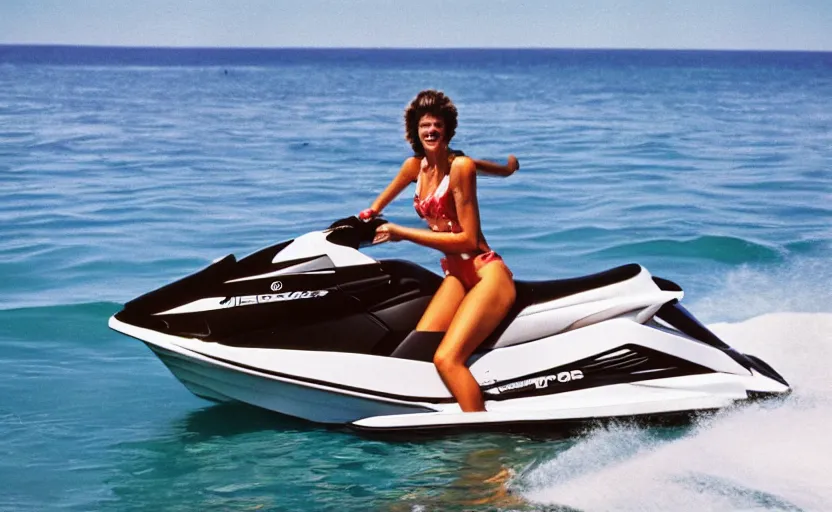 Prompt: color photo of a photomodel driving a jetski in california. 8 0's style