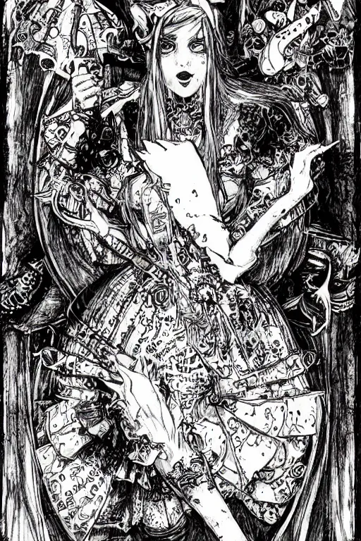 Image similar to Rave Alice in wonderland tarot card , pen and ink, intricate line drawings, by Yoshitaka Amano, Ruan Jia, Kentaro Miura, Artgerm, watercolor