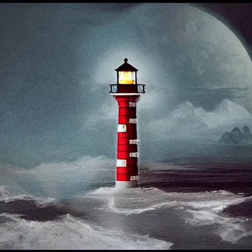 Prompt: lonely lighthouse in a moon shaped pool, style by ayvazovsky and stanley kubrick, cinematic lighting, n - 5