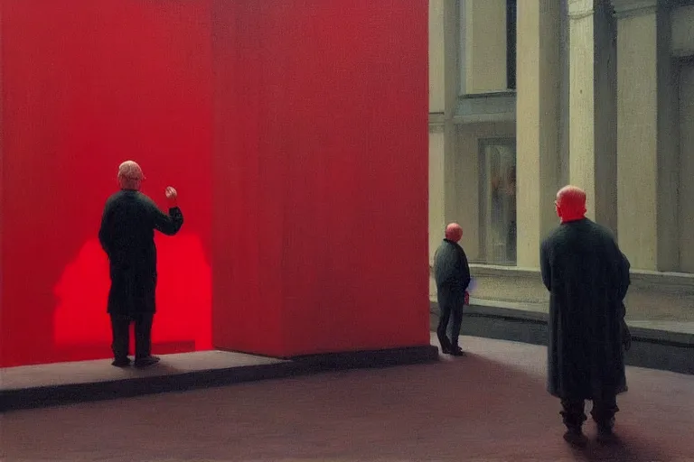 Image similar to only with red, a red old man try to sell a portrait, a crowd cheering, in a city square, in the style of beksinski, parts by edward hopper, parts by rodcenko, parts by yue minjun, intricate and epic composition, red by caravaggio, insanely quality, highly detailed, masterpiece, red light, artstation, 4 k