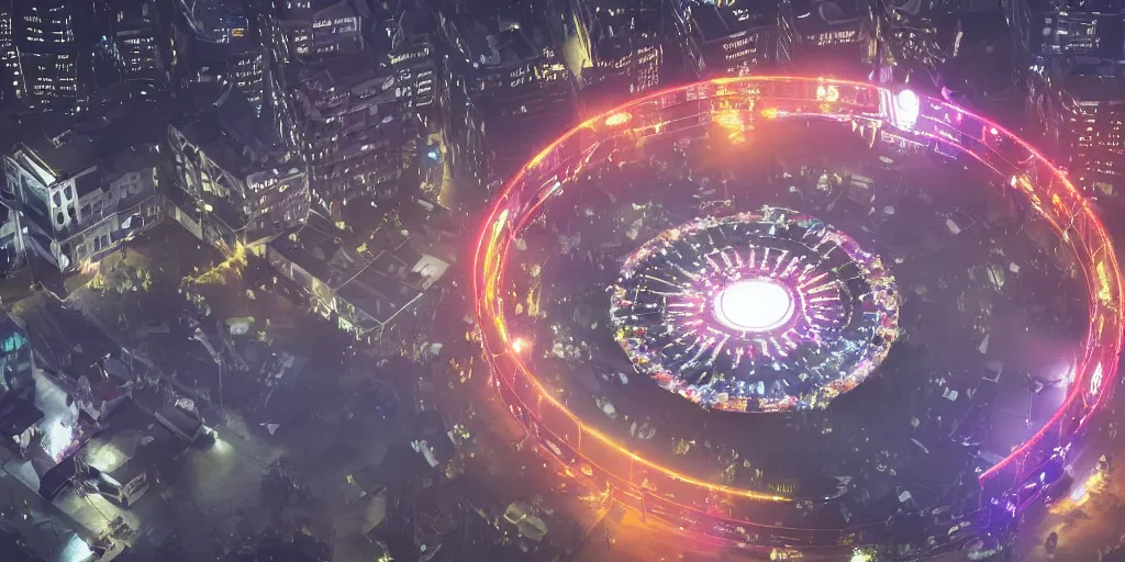 Prompt: policemen protecting a huge spiral - shaped bright luminous attractor right in the center of the city from protesting people,, rain and light fog, professional lighting, concept art in 3 d, high detail, professional lighting