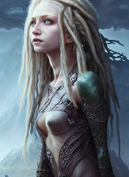 Prompt: fantasy changeling girl with blonde dreadlocks revealing her true nature, staring eyes, dim light, front game card, marvel comics, dark, intricate, highly detailed, smooth, smirking, artstation, digital illustration by ruan jia and mandy jurgens and artgerm and wayne barlowe and greg rutkowski and zdislav beksinski