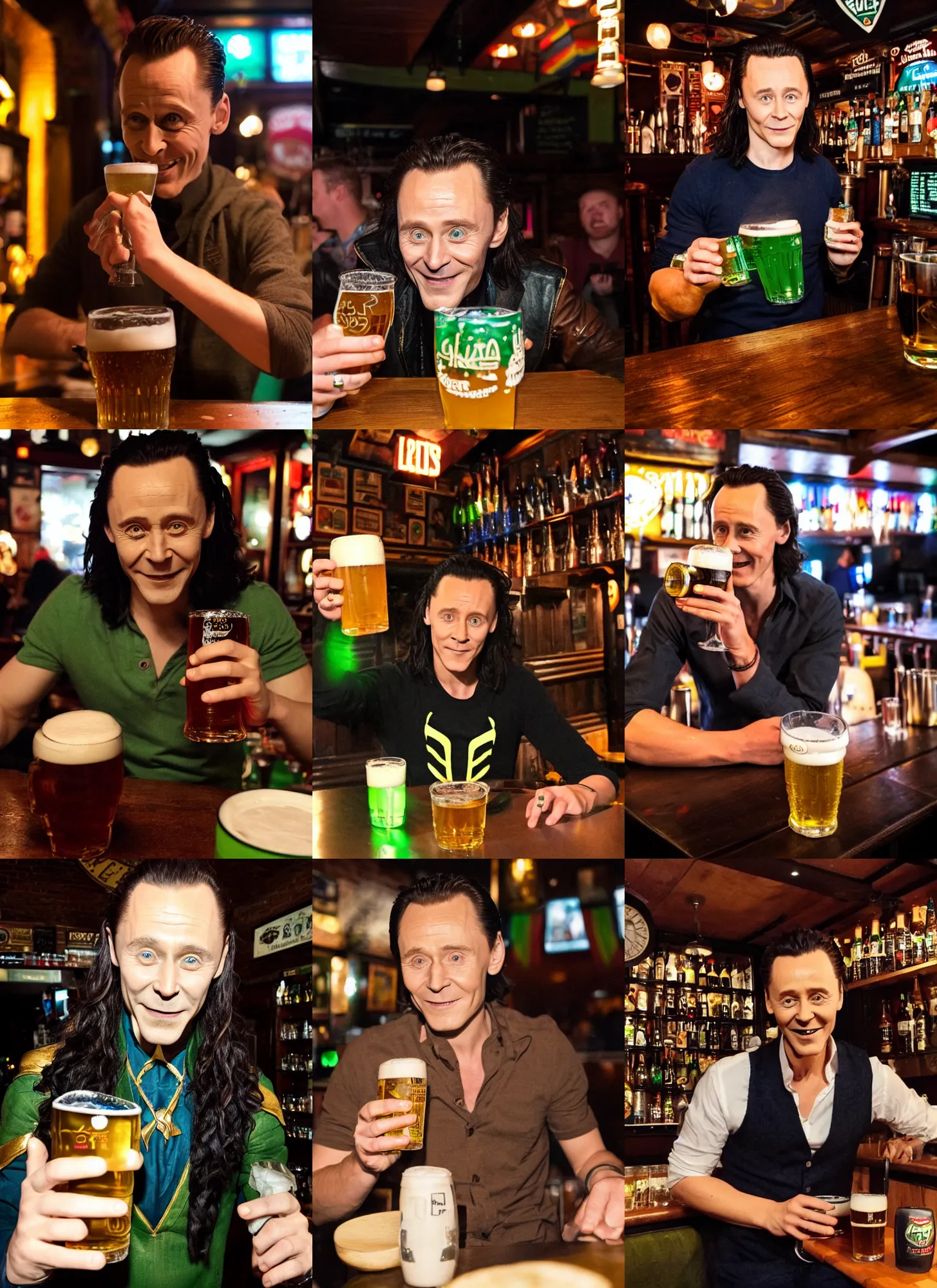 Prompt: loki drinking lager at uk pub, flash photography