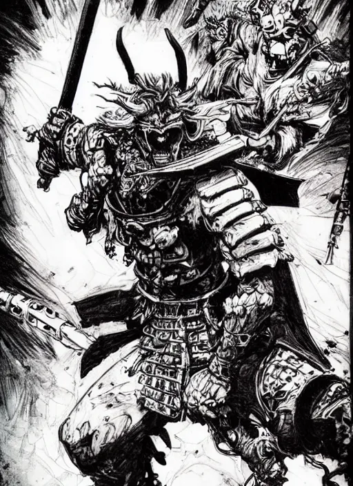 Prompt: a demonic samurai with a rocket launcher, by takehiko inoue and kim jung gi, masterpiece ink illustration