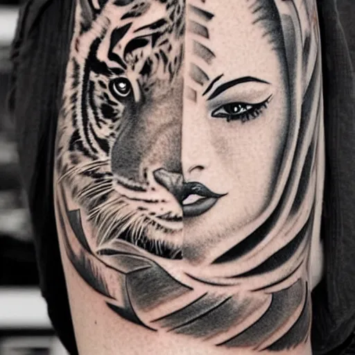 Image similar to tattoo design of a beautiful girl face, the girl is wearing a tiger head hat, hyper detailed, in the design of eliot kohek