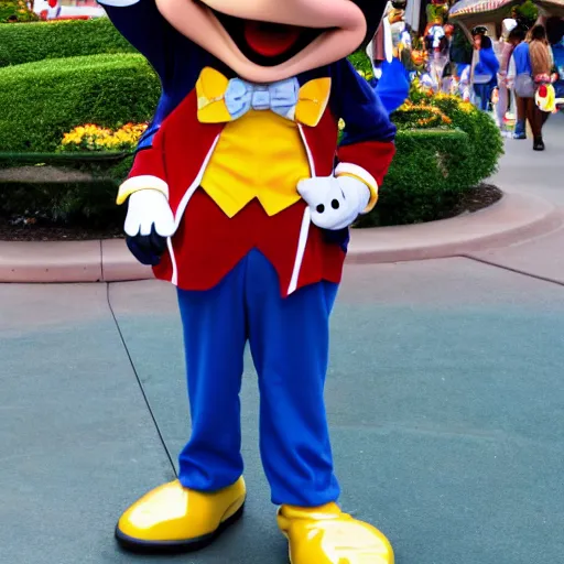 Image similar to high quality photo of a disneyland costumed character being rude to park guests, high definition