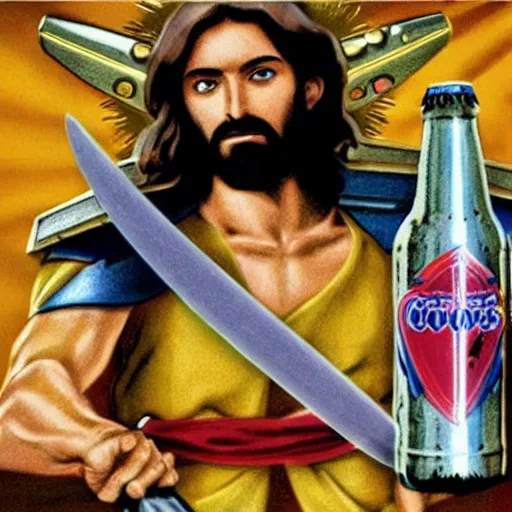 Prompt: jesus christ battling the megazord while holding a case of coors light with a sword in the other hand, realistic, modern