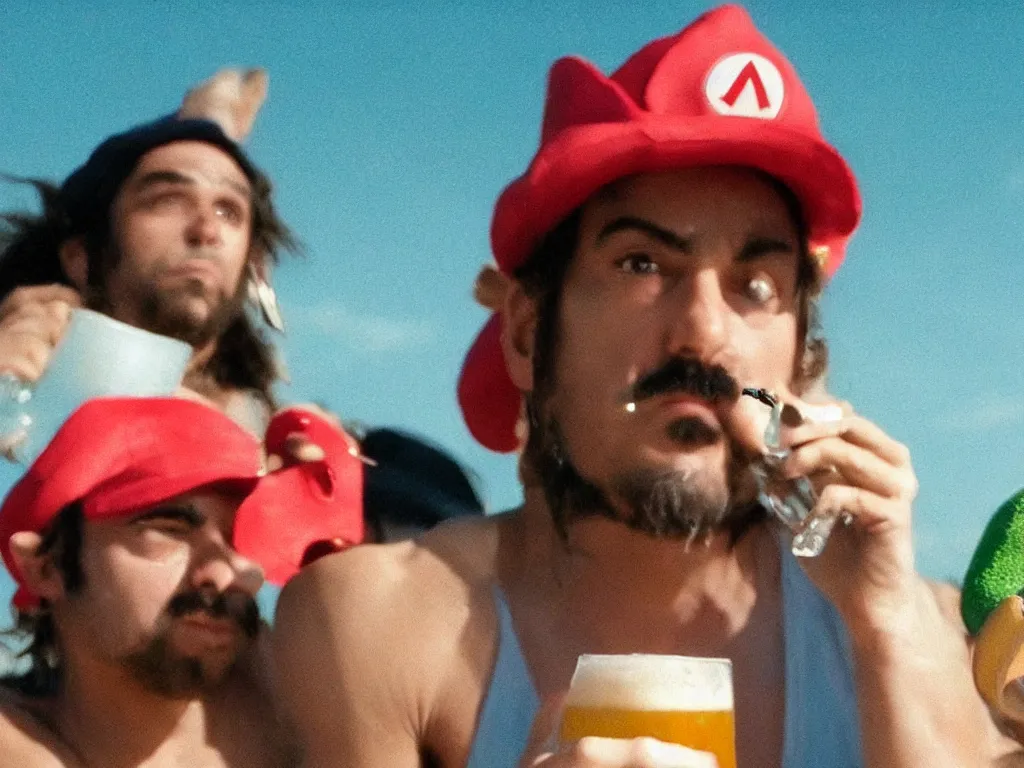 Image similar to Close up of Mario with a beer in a hat in Harmony Korine Spring Breakers film aesthetic!!! photorealistic