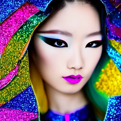 Image similar to japanese model with maximalist hair style and makeup, bright colors, fashion model, portrait shot, glitter, depth of field, 8 k, hyper detailed, intricate, trending on artstation