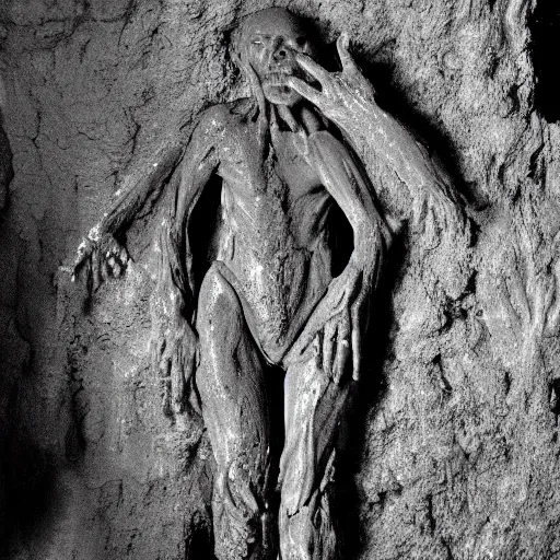 Image similar to found footage of a humanoid made of wet clay emerging from a wall inside of a cave made of wet clay, creepy, flash photography, unsettling, moist, low quality