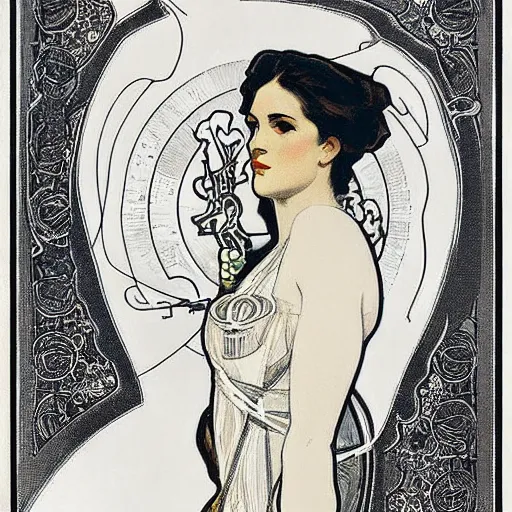 Image similar to female spy, painted by alphonse mucha