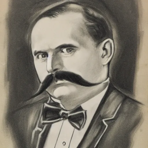 Image similar to charcoal portrait of an early 20th century occult detective mustache, bow tie