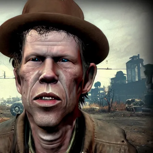 Prompt: Tom Waits as a character in the Fallout 4 video game