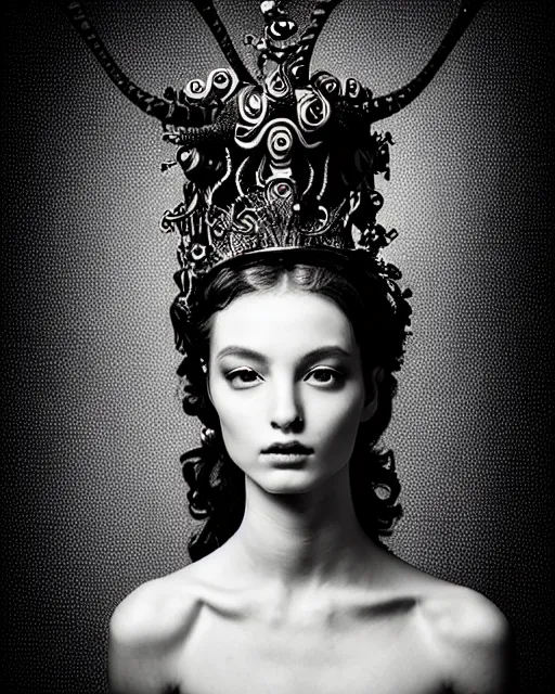 Image similar to dark background, a black and white high quality dreamy photo of a young beautiful female queen-dragon-vegetal-cyborg bust with a very long neck and delicate Mandelbrot fractal face, elegant, highly detailed, flesh highly baroque ornate, hair are curled wired cables, elegant, poetic, soft, dreamy, mysterious, high fashion, rim light, in the style of Ellen von Unwerth, Realistic, Refined, Digital Art, Highly Detailed, Cinematic Lighting, rim light, black and white, photo-realistic, 8K