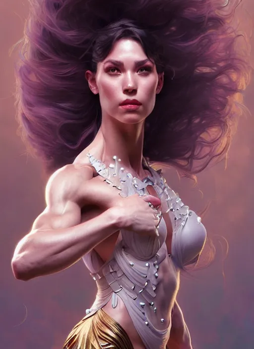 Image similar to muscular goddess dancer of the underworld, crooked nose, shiny, intricate, elegant, higly detailed, ultra definition, digital painting, artstation, vray, concept art, smooth, high speed photography, illustration, art by artgerm and greg rutkowski and alphonse mucha and james jean