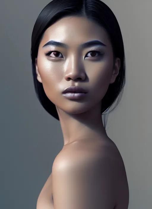 Prompt: beautiful female portrait, asian, composite, attractive facial features, brown skin, haze, model, intricate, symmetrical face, makeup, sephora, maybelline, studio, reflections, cinematic, filmic, vsco, concept art, artstation, elegant, model, gorgeous, vray, flim, octane render, ambient occlusion, prism details