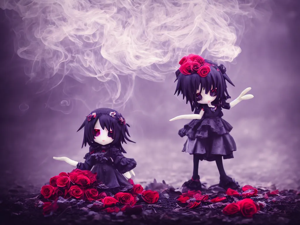 Image similar to cute fumo plush of a gothic maiden girl clutching lots of decayed roses, stale twilight, swirling vortices of emissive smoke and volumetric fog over the river, bokeh, vignette, vray