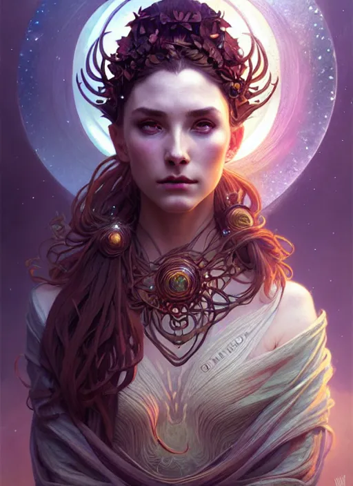 Image similar to a beautiful cinematic female druid goddess, galatic shamen with Quantum energy fantasy, fantasy magic, undercut hairstyle, dark light night, intricate, elegant, sharp focus, illustration, highly detailed, digital painting, concept art, matte, art by WLOP and Artgerm and Greg Rutkowski and Alphonse Mucha, masterpiece