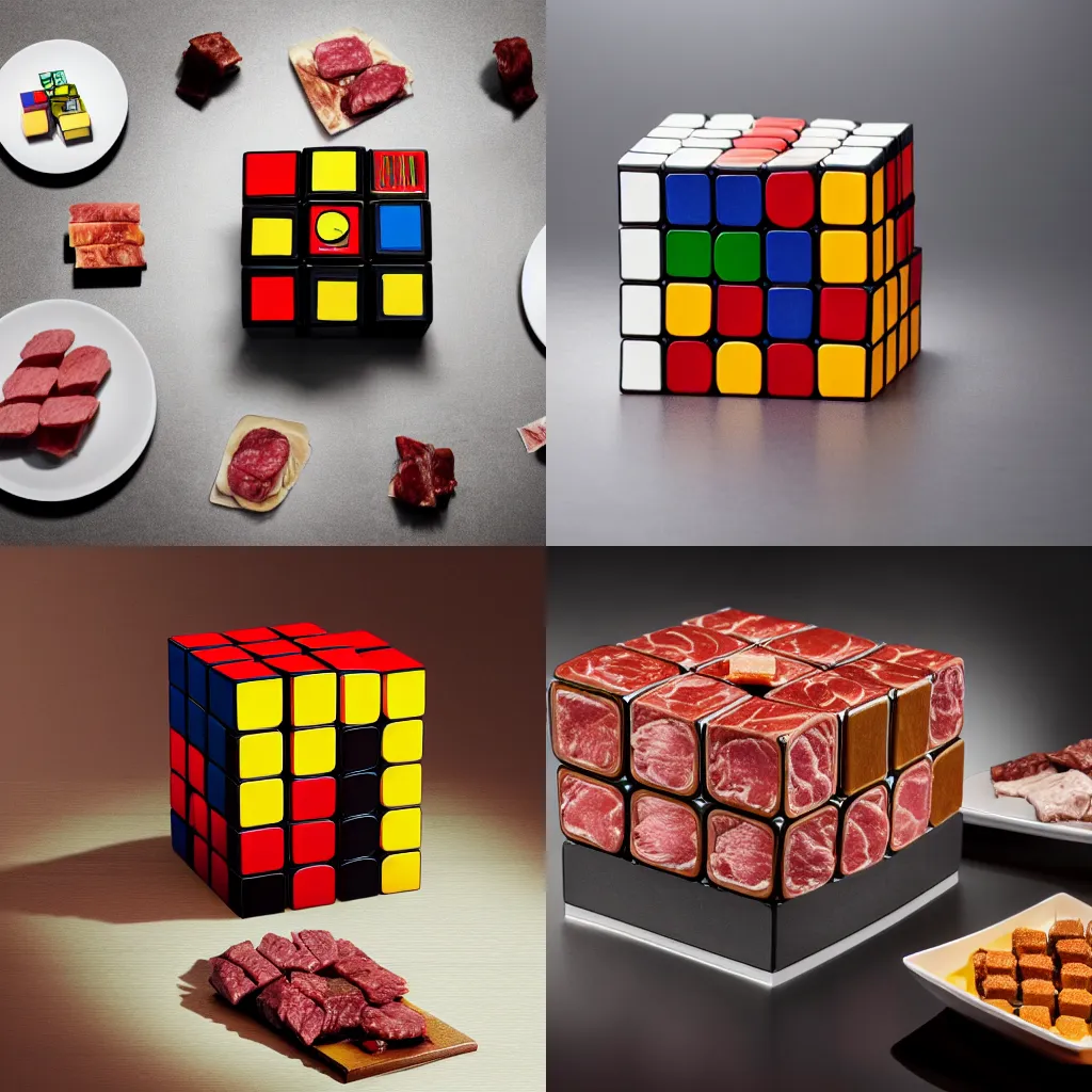 Prompt: rubik's cube made of types of meat, michelin star restaurant, 4K photo