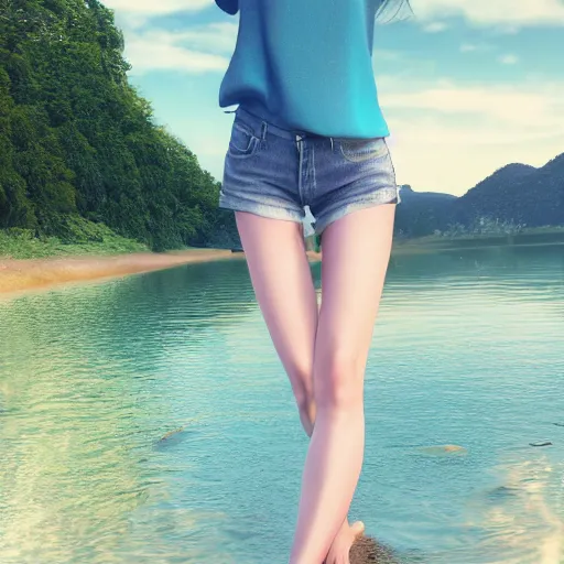 Prompt: a very beautiful girl, full body, long wavy blond hair, sky blue eyes, full round face, short smile, cute top, short jeans, summer lake setting, cinematic lightning, medium shot, mid-shot, highly detailed, trending on Artstation, Unreal Engine 4k, cinematic wallpaper by Stanley Artgerm Lau, WLOP, Rossdraws, James Jean, Andrei Riabovitchev, Marc Simonetti, and Sakimichan