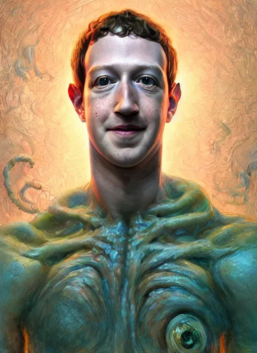 Prompt: portrait of mark zuckerberg as cthulhu, hyper detailed, digital art, trending in artstation, cinematic lighting, studio quality, smooth render, unreal engine 5 rendered, octane rendered, art style by klimt and nixeu and ian sprigger and wlop and krenz cushart.