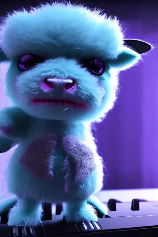 Prompt: high quality 3 d render very cute neuromancer fluffy! mutant cow hybrid! playing keyboard, highly detailed, unreal engine cinematic smooth, in the style of blade runner & detective pikachu, hannah yata charlie immer, moody blue light, low angle, uhd 8 k, sharp focus