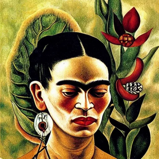 Prompt: Pensive Wizard Examining Eggs, by Frida Kahlo.