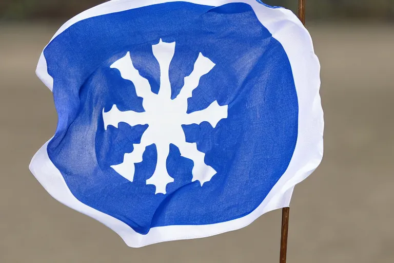 Prompt: blue flag with white cross and four white fleur-de-lys