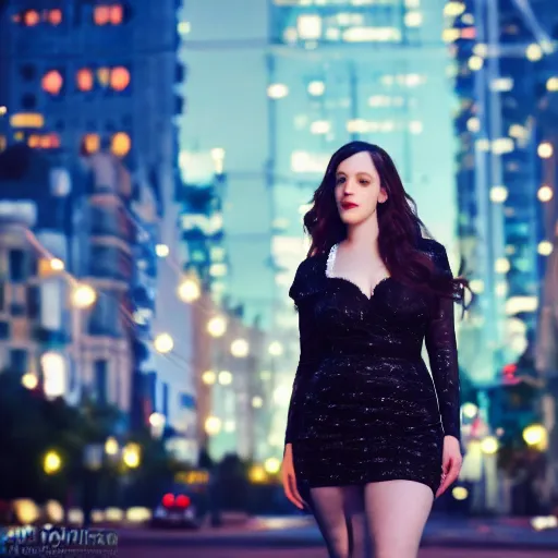 Image similar to a still of KAT DENNINGS. Shallow depth of field. City at night in background, lights, colors ,studio lighting, mood, 4K. Profession photography