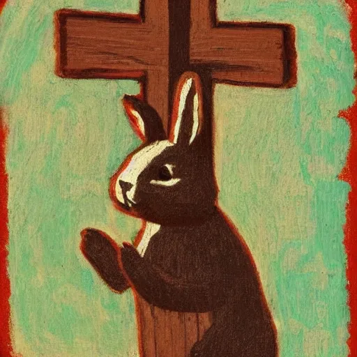 Prompt: a rabbit holding a cross, in front of an old wooden russian church, in the style of ilya repin