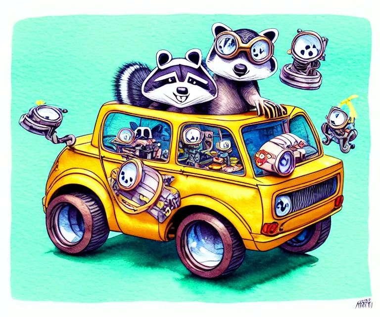 Image similar to cute and funny, racoon wearing goggles riding in a tiny hot rod with an oversized engine, ratfink style by ed roth, centered award winning watercolor pen illustration, isometric illustration by chihiro iwasaki, edited by range murata, tiny details by artgerm and watercolor girl, symmetrically isometrically centered, sharply focused