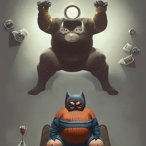 Image similar to a insanely detailed painting of a fat masked superhero wearing a costume sitting at a desk, staring at the nervously at the computer and clicking on the mouse, in the style of peter mohrbacher, dramatic lighting and composition, trending on artstation, concept art, comic book